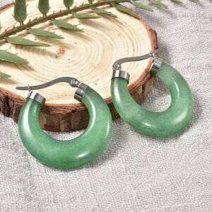 Green Aventurine 45.00 ctw Hoop Earrings in Stainless Steel - NEW